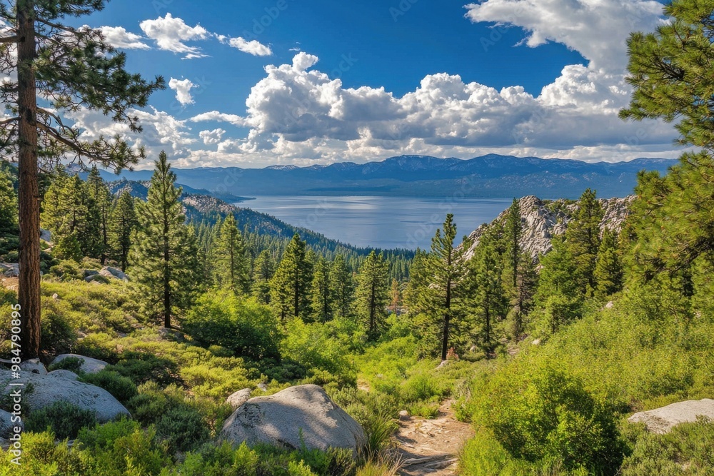 Obraz premium Stunning vista of lake tahoe surrounded by california's natural splendor
