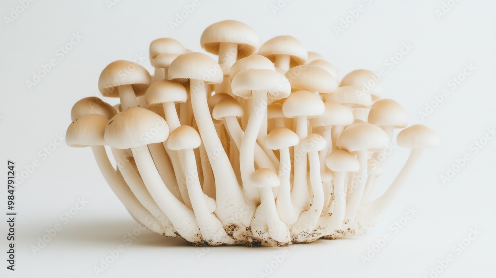 Fresh Shimeji mushrooms displayed in a neat pile on a clean white backdrop, with light shadows adding depth to the minimalistic composition Fresh Shimeji mushrooms displayed in a neat pile on a clean white backdrop, with light shadows adding depth to the minimalistic composition