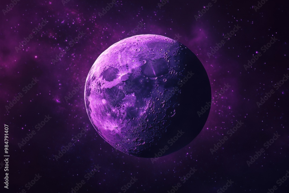 Fototapeta premium Lively lunar surface with violet dots set against a deep black canvas