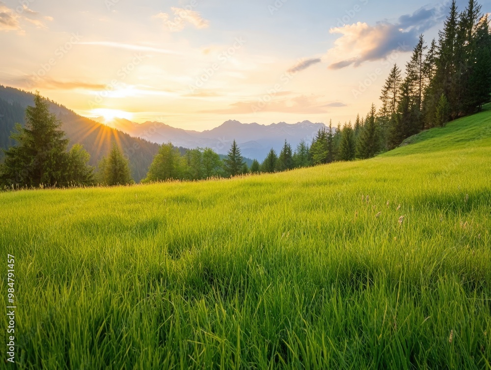 Obraz premium Golden sunset over lush green fields and distant mountains in a tranquil landscape