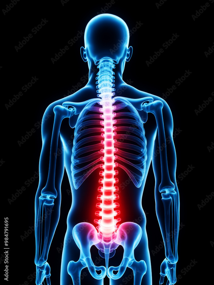 Medical X-ray of Human Spine Showing Back Pain in Lumbar Region with Black Background Medical X-ray of Human Spine Showing Back Pain in Lumbar Region with Black Background