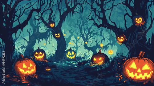 A Halloween event poster featuring a haunted forest, glowing jack-o-lanterns, and twisted trees.