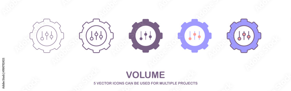 Set of gear icons with volume control sliders inside, These icons ...