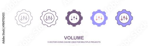 Set of gear icons with volume control sliders inside, These icons represent volume adjustment or sound settings, with a focus on customization and control. a set of icons with 5 different styles