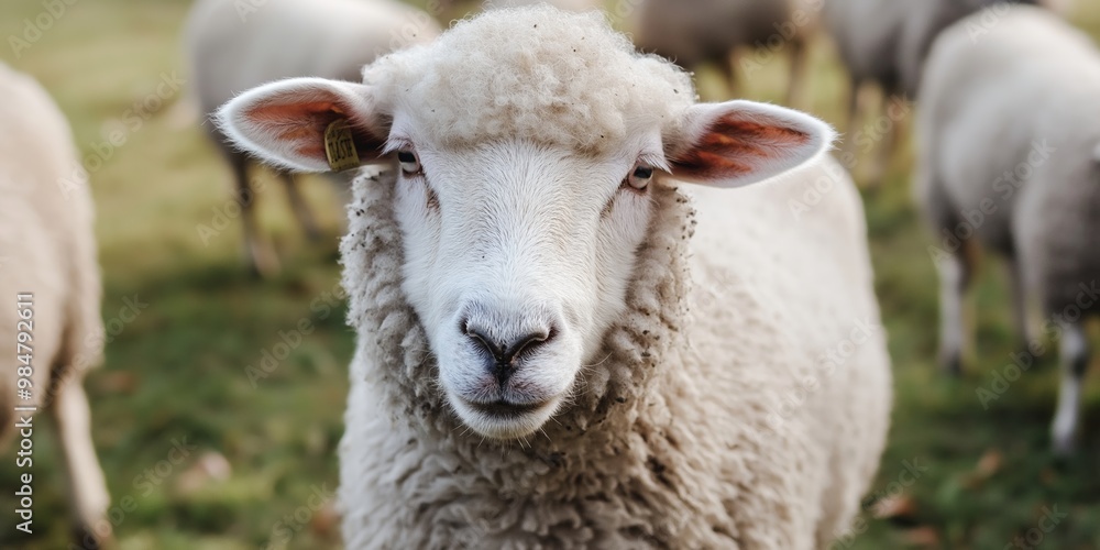 A close-up of a curious sheep standing in a lush green field, with the rest of the herd in the background. A close-up of a curious sheep standing in a lush green field, with the rest of the herd in the background.