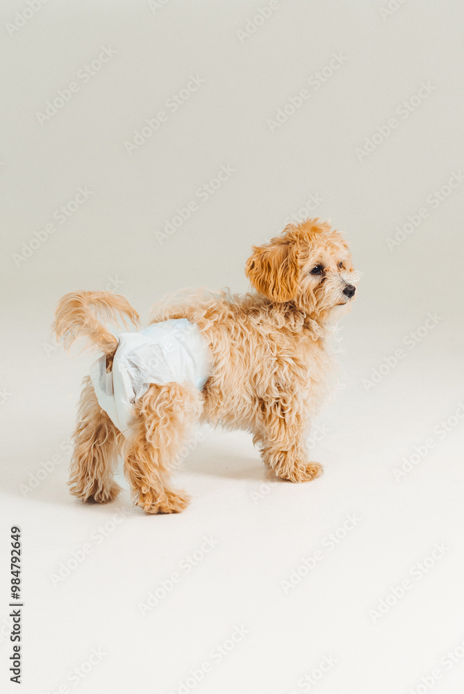 Cute fluffy dog wearing a diaper while standing on a light background in a cozy indoor setting during the day Cute fluffy dog wearing a diaper while standing on a light background in a cozy indoor setting during the day