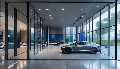 Sleek modern car showroom interior with blurred gray tones, panoramic windows, glass partitions, and stylish blue accents photo