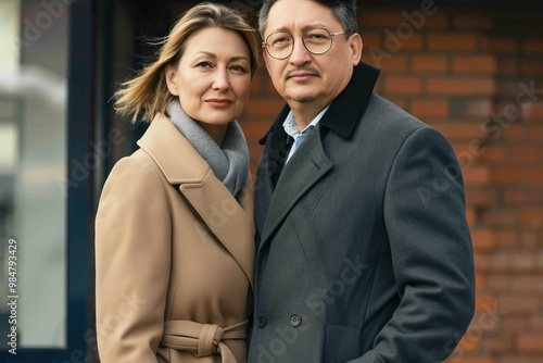 Professional middle-aged Caucasian couple in elegant winter coats, portraying a refined and successful partnership.