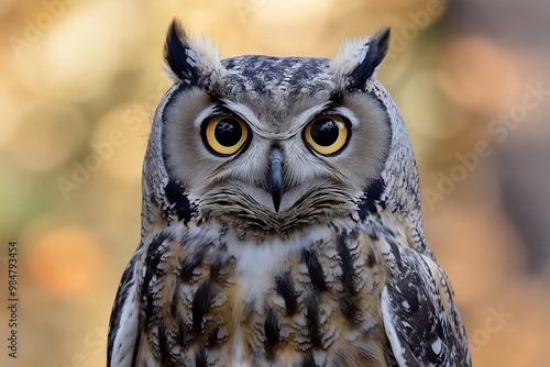 An owl stares intensely with its bright yellow eyes, showcasing its detailed feathers and sharp gaze. photo