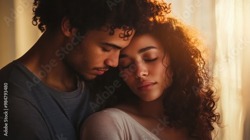 Sexuality in relationships, a couple embracing tenderly, with a backdrop symbolizing emotional and physical connection