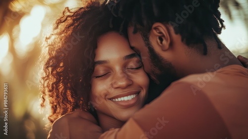 Sexuality in relationships, a couple embracing tenderly, with a backdrop symbolizing emotional and physical connection