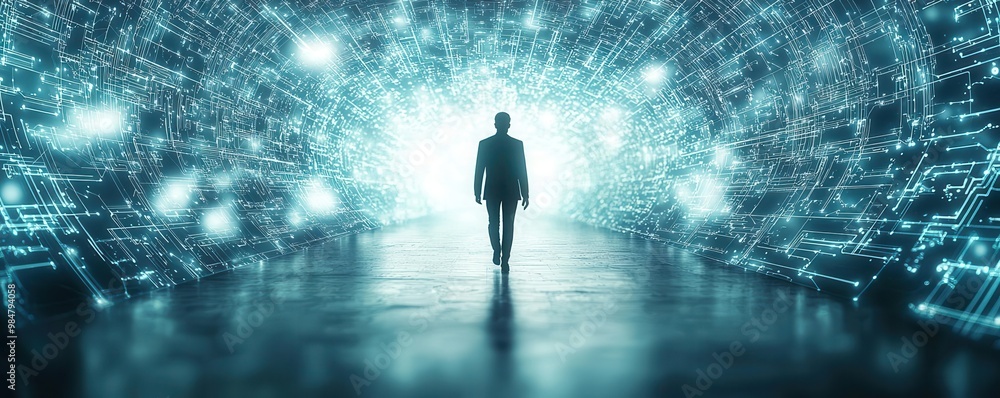 Human silhouette walking through a maze of floating digital ideas, representing the path to business innovation, innovation journey, complex business concepts Human silhouette walking through a maze of floating digital ideas, representing the path to business innovation, innovation journey, complex business concepts