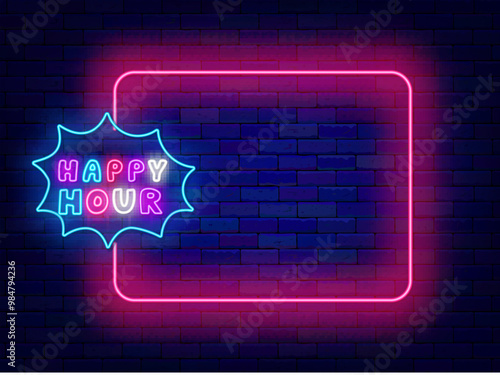 Happy hour neon banner. Empty pink frame and colorful typography. Night club, free drinks, bar counter and restaurant. Editable stroke. Copy space. Vector stock illustration
