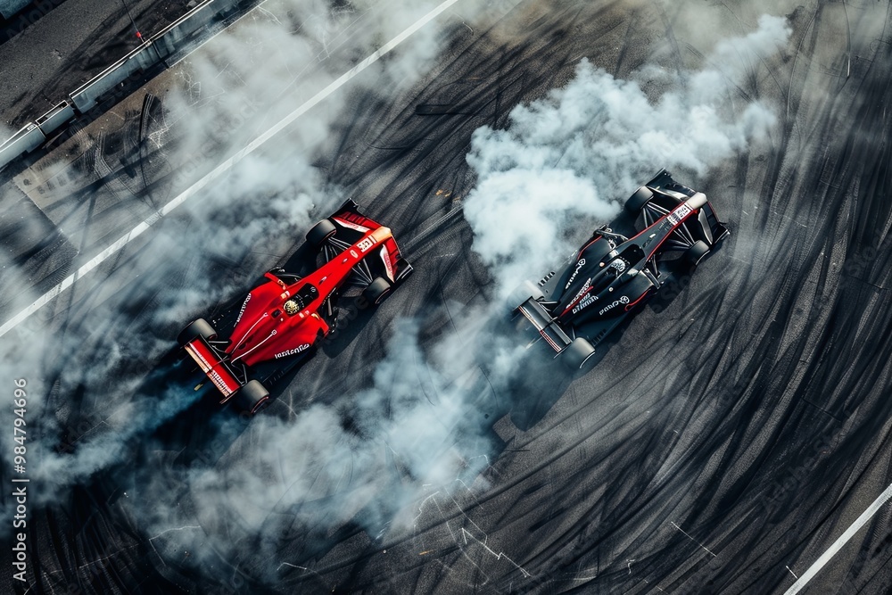 Fototapeta premium Aerial top view two car drifting battle on asphalt street road race track