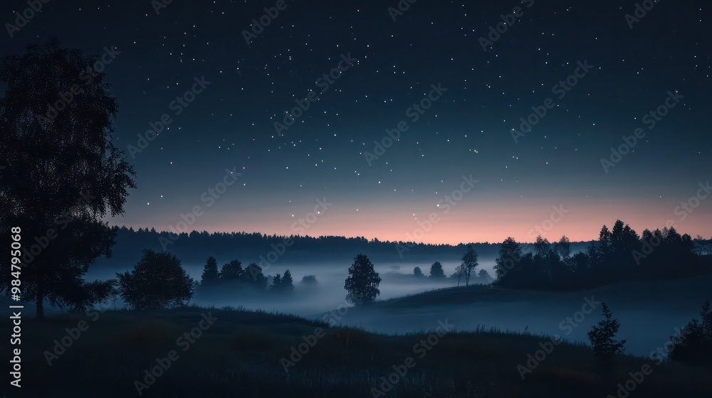 Fototapeta premium Stars in a foggy night, where the soft glow of distant stars shines faintly through a misty, ethereal landscape.