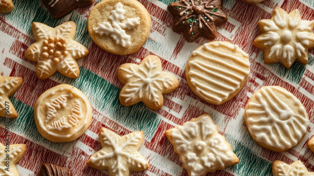 A collection of holiday cookies in festive shapes, displayed on a cheerful tablecloth. A collection of holiday cookies in festive shapes, displayed on a cheerful tablecloth.