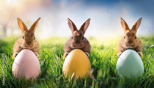 Osterhasen und Ostereier im grünen Gras, mit KI generiert photo