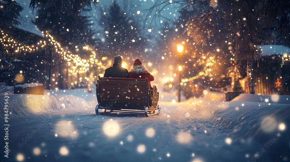A couple enjoying a sleigh ride through a winter wonderland, with soft snow falling and holiday lights glowing in the distance. A couple enjoying a sleigh ride through a winter wonderland, with soft snow falling and holiday lights glowing in the distance.