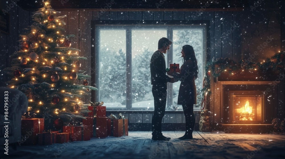 A couple exchanging Christmas gifts by the tree, with snow falling gently outside the window and the fireplace glowing nearby. A couple exchanging Christmas gifts by the tree, with snow falling gently outside the window and the fireplace glowing nearby.