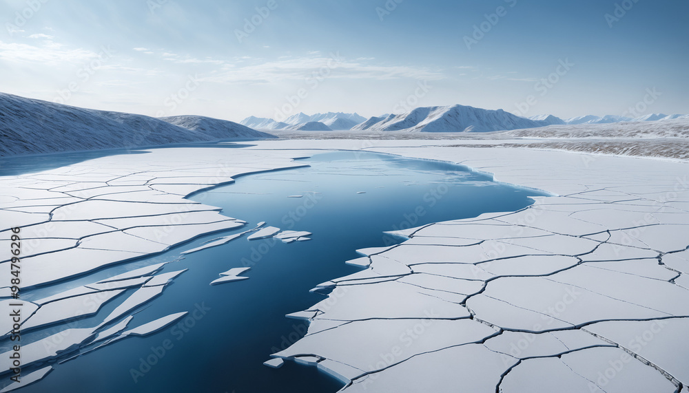 Obraz premium Frozen lake with ice cracks