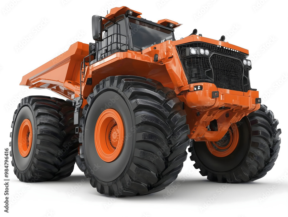 Obraz premium An illustrative 3D model of a massive industrial earth-moving truck, isolated against a white background, highlighting its robust design and capability for heavy-duty excavation tasks.