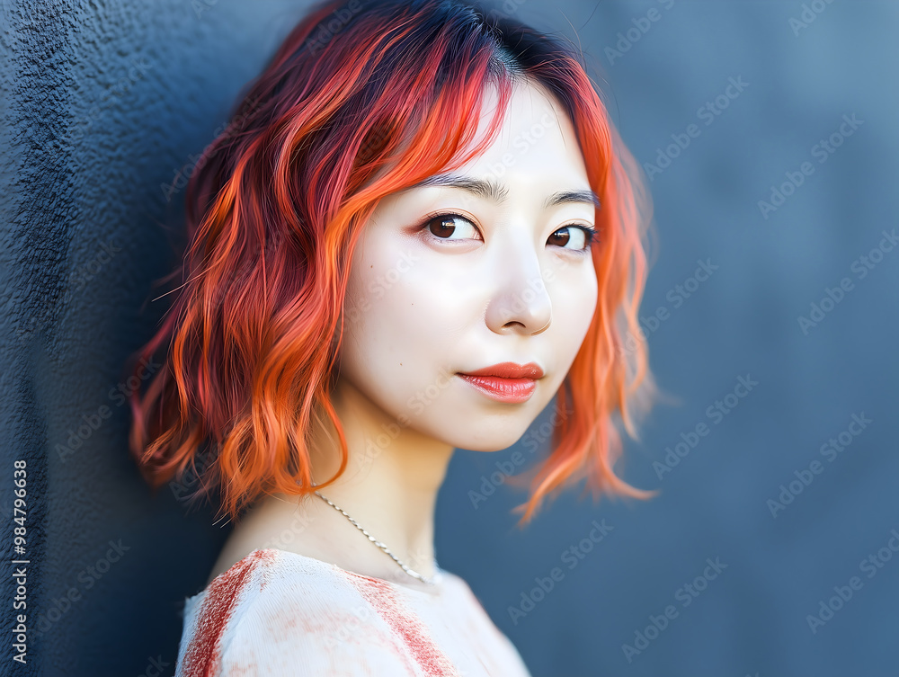 A striking young Asian woman with short, vibrant red hair, exuding confidence and modern style. A striking young Asian woman with short, vibrant red hair, exuding confidence and modern style.