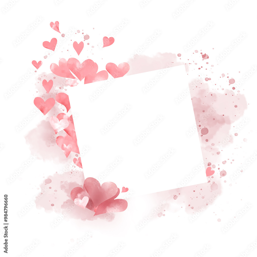 Obraz premium Cute hearts on a square frame. illustration in watercolor style. Romantic postcard, made of pink small hearts. Watercolor lspots and valentines isolated on background. Valentine's day and birthday