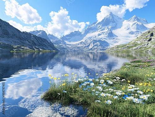 Scenic mountain lake with flowers photo