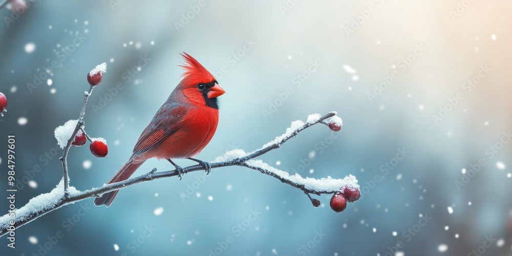 A cardinal perched on a snowy branch A cardinal perched on a snowy branch