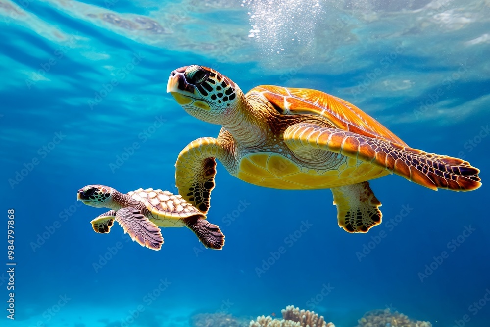 Obraz premium A family of sea turtles swimming through the ocean, with the mother leading her babies across the coral reef