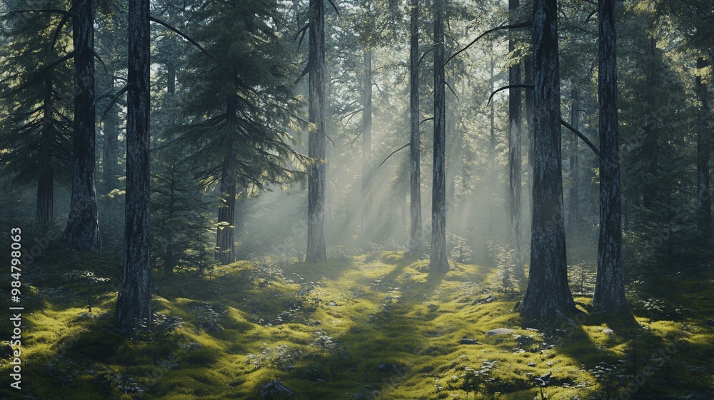 Obraz premium Sunlight beams through dense forest trees