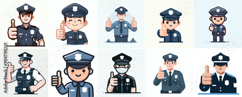 vector set of police expressing their thumbs up with a simple flat design style and white background