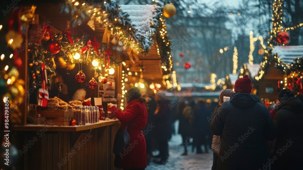 A cozy Christmas market scene with people sipping hot chocolate, wooden booths decorated with lights and ornaments. A cozy Christmas market scene with people sipping hot chocolate, wooden booths decorated with lights and ornaments.