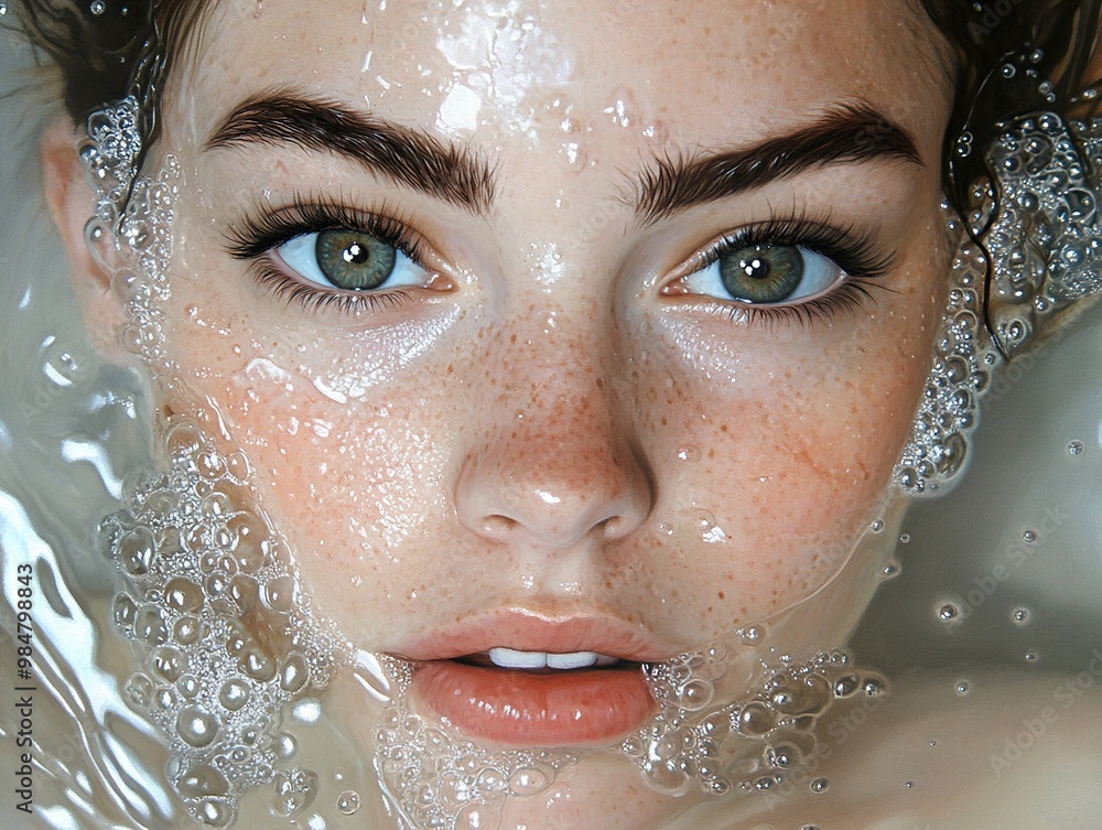 Close-Up Portrait of a Woman in Water with Bubbles Close-Up Portrait of a Woman in Water with Bubbles