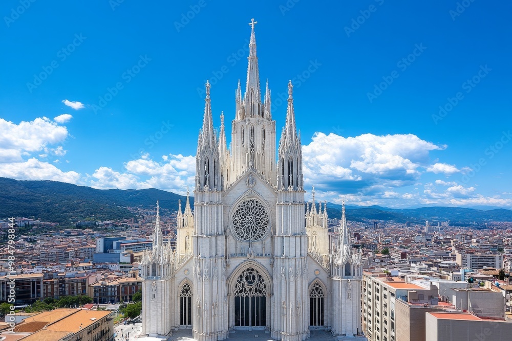 A gothic cathedral’s towering spires, rising above the city skyline with dramatic architectural details