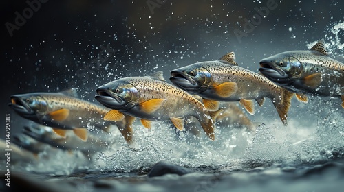 A school of salmon leaping through the water, creating splashes photo