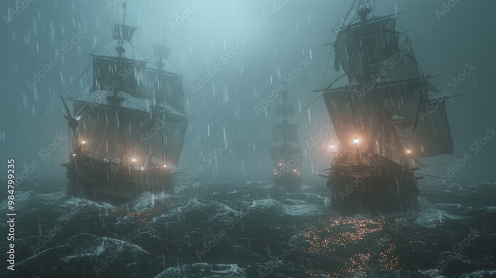 Pirate ships fighting during a storm, Pirate ships fighting during a storm,