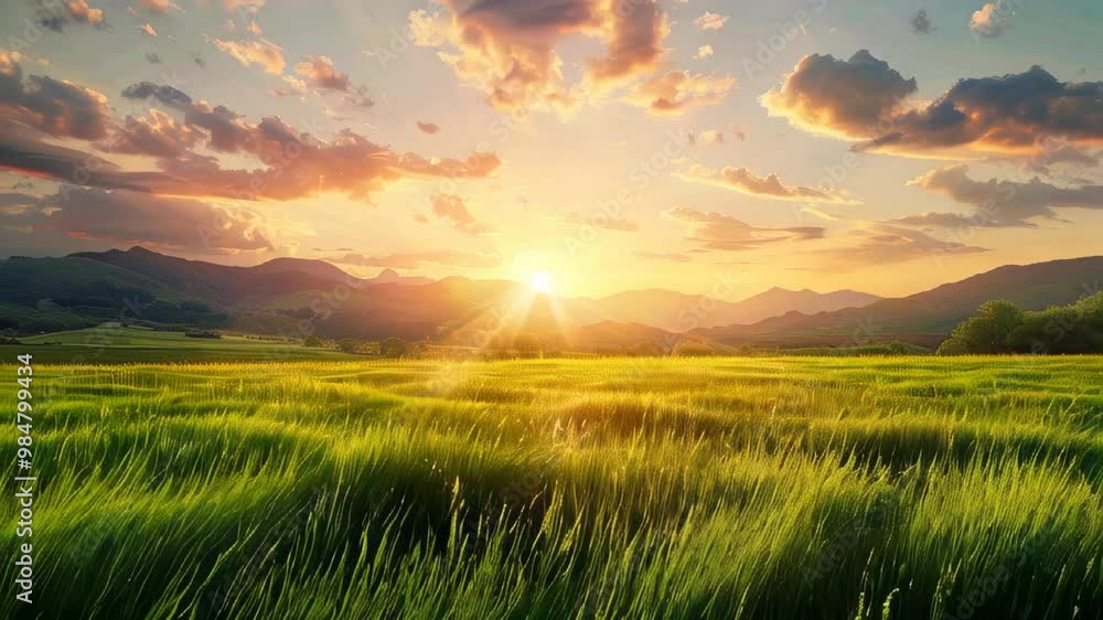 Beautiful sunset over green wheat field Beautiful sunset over green wheat field