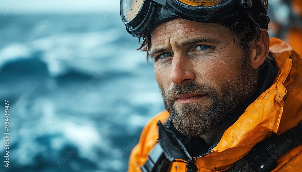 Bearded oil rig worker in orange safety gear, gazing out at the vast ocean Bearded oil rig worker in orange safety gear, gazing out at the vast ocean