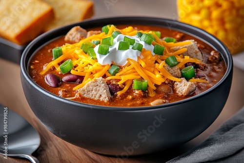 A hearty bowl of chili, topped with shredded cheese, sour cream, and green onions, served with cornbread