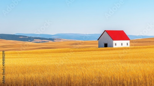 Early summer scene in a rural landscape of a solitary farmhouse surrounded by wheat fields under a blue sky