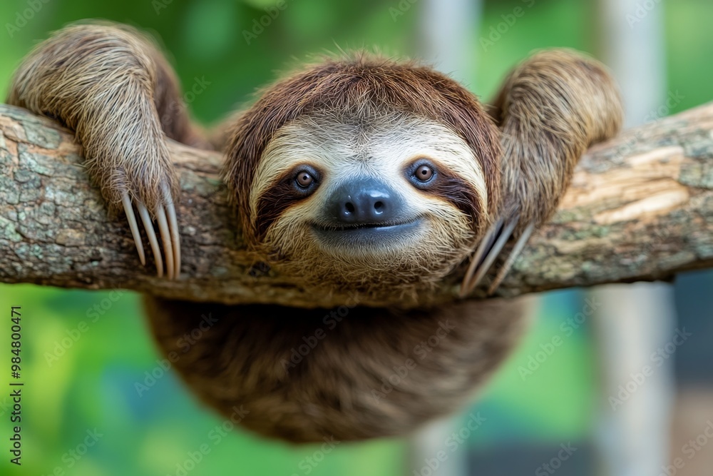 Fototapeta premium A lazy sloth hanging from a tree branch, with a relaxed expression and slow, deliberate movements