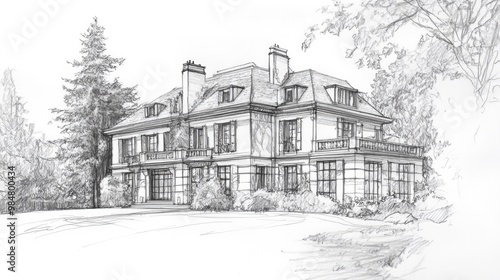 Hand-drawn sketch of a large, luxurious house with a classic, French style.