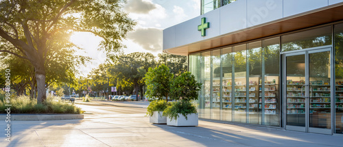Modern pharmacy exterior with large glass windows and green cross symbol, located on a sunny street lined with trees