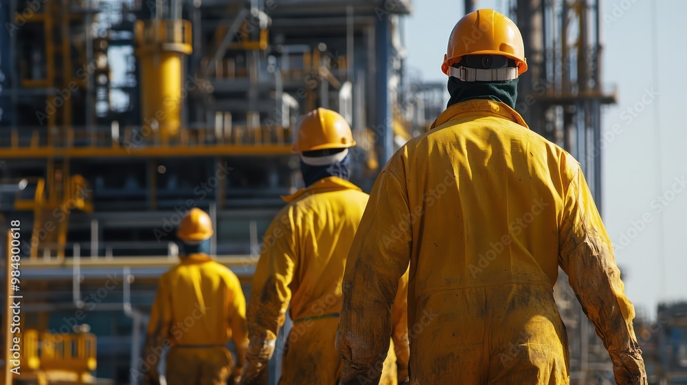 Oil and gas jobs with workers in protective gear at a drilling or refinery site Oil and gas jobs with workers in protective gear at a drilling or refinery site
