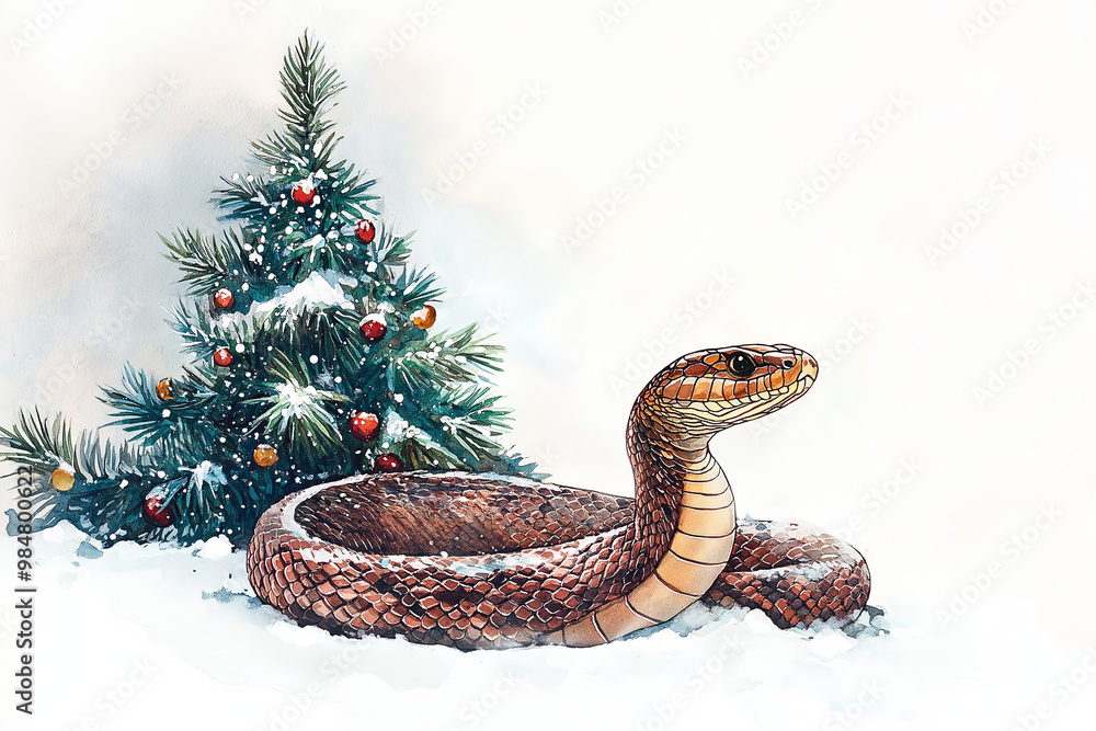 Fototapeta premium Watercolor Snake Coiled in Snow beside Christmas Tree, Festive Holiday Illustration with Copy Space 