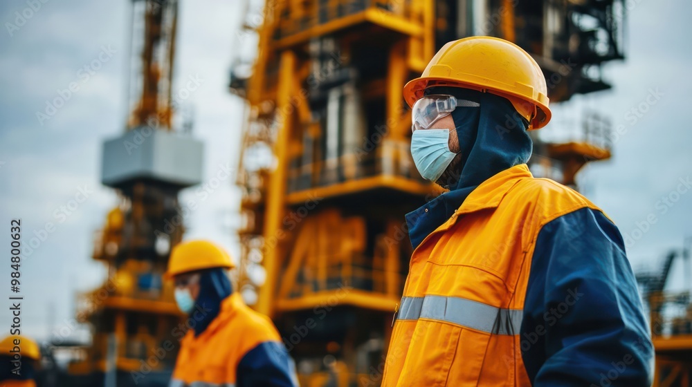 Oil and gas jobs with workers in protective gear at a drilling or refinery site Oil and gas jobs with workers in protective gear at a drilling or refinery site