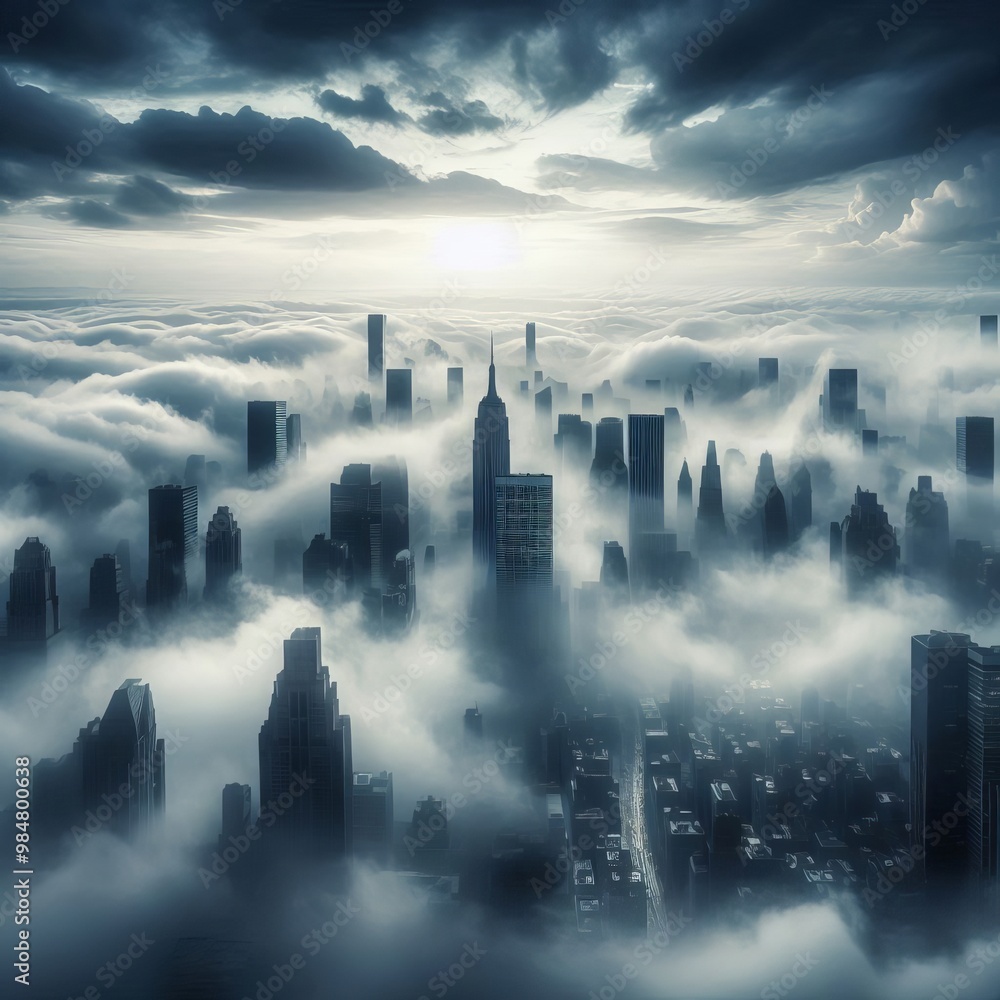 A breathtaking view of a futuristic city skyline enveloped in thick ...