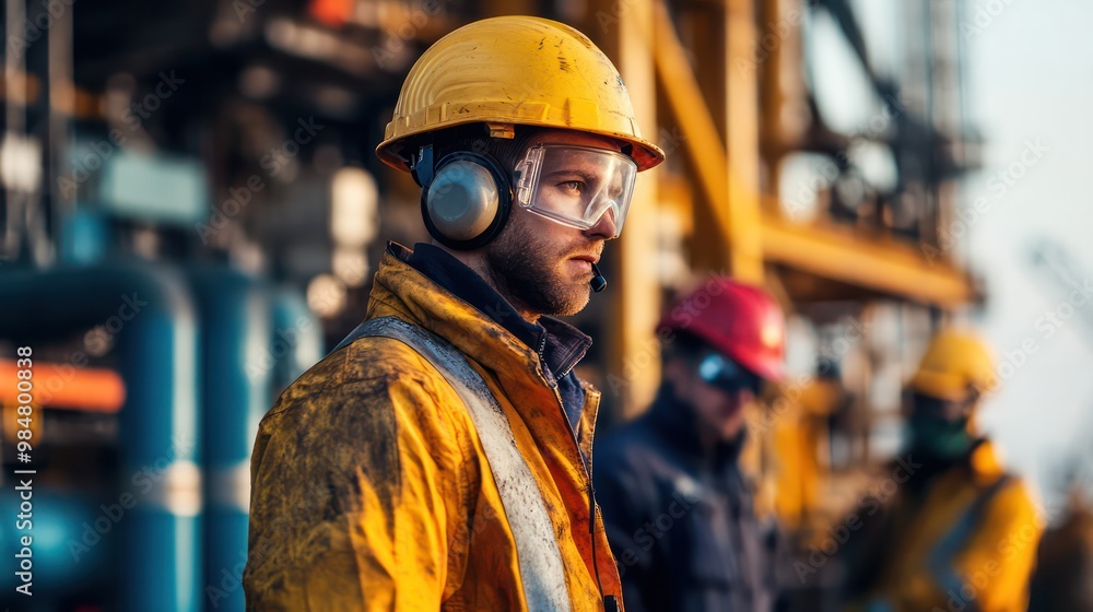 Oil and gas jobs with workers in protective gear at a drilling or refinery site Oil and gas jobs with workers in protective gear at a drilling or refinery site