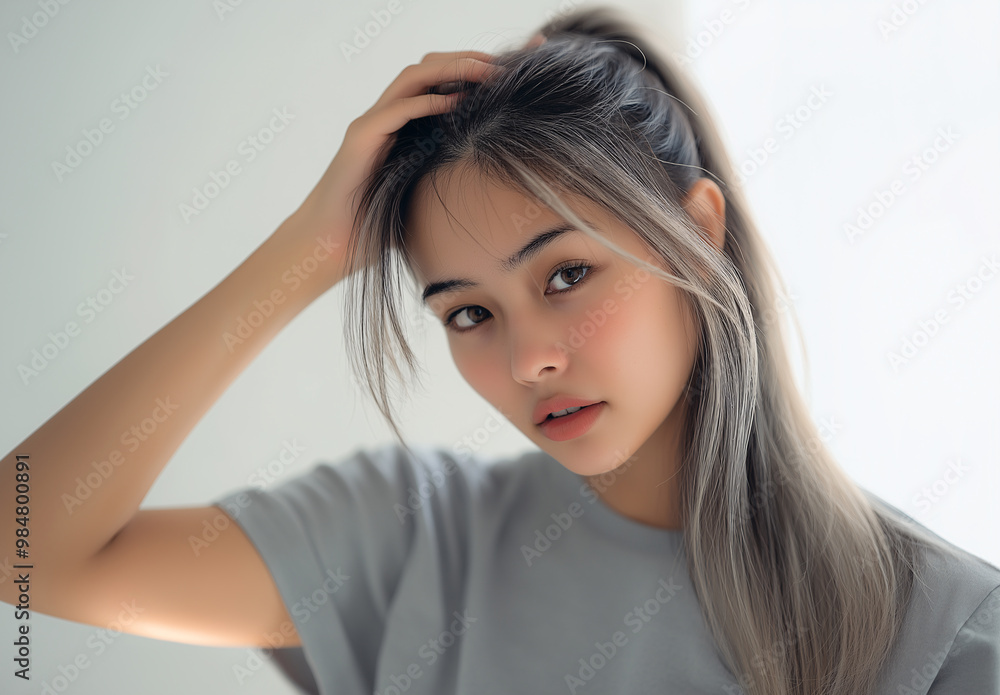 A young woman with long hair playfully tousles her locks in a serene indoor setting filled with soft, natural light during the day A young woman with long hair playfully tousles her locks in a serene indoor setting filled with soft, natural light during the day
